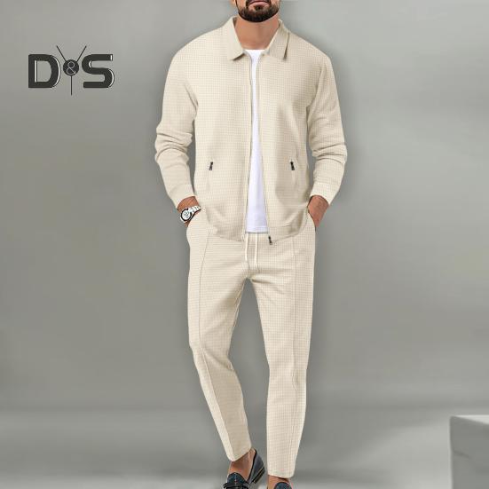 2Pcs/Set Men Autumn Suit Lapel Long Sleeve Zipper Placket Cardigan Elastic Drawstring Waist Long Pants Set Waffle Texture Casual Outfit