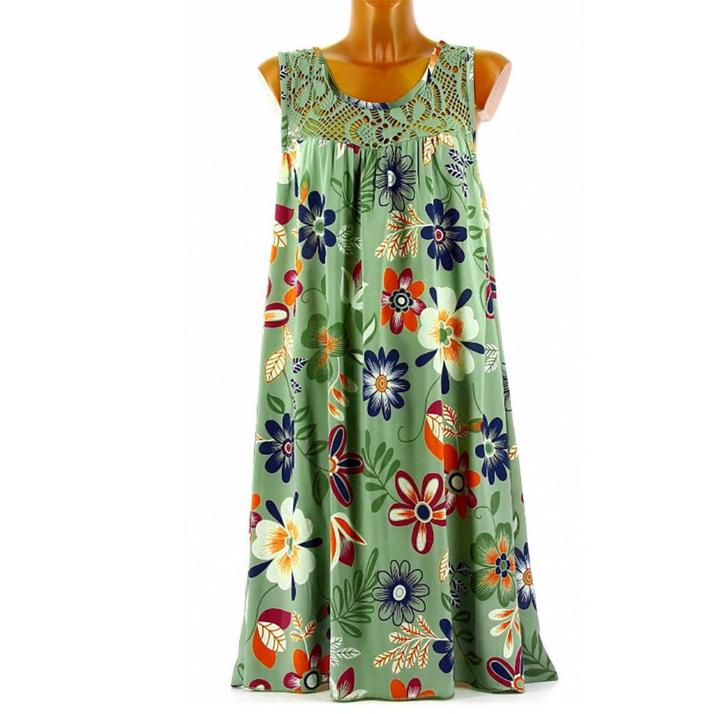 Women's Fashion Casual Vest Sleeveless Lace Print Tank Pleated Swing Dress