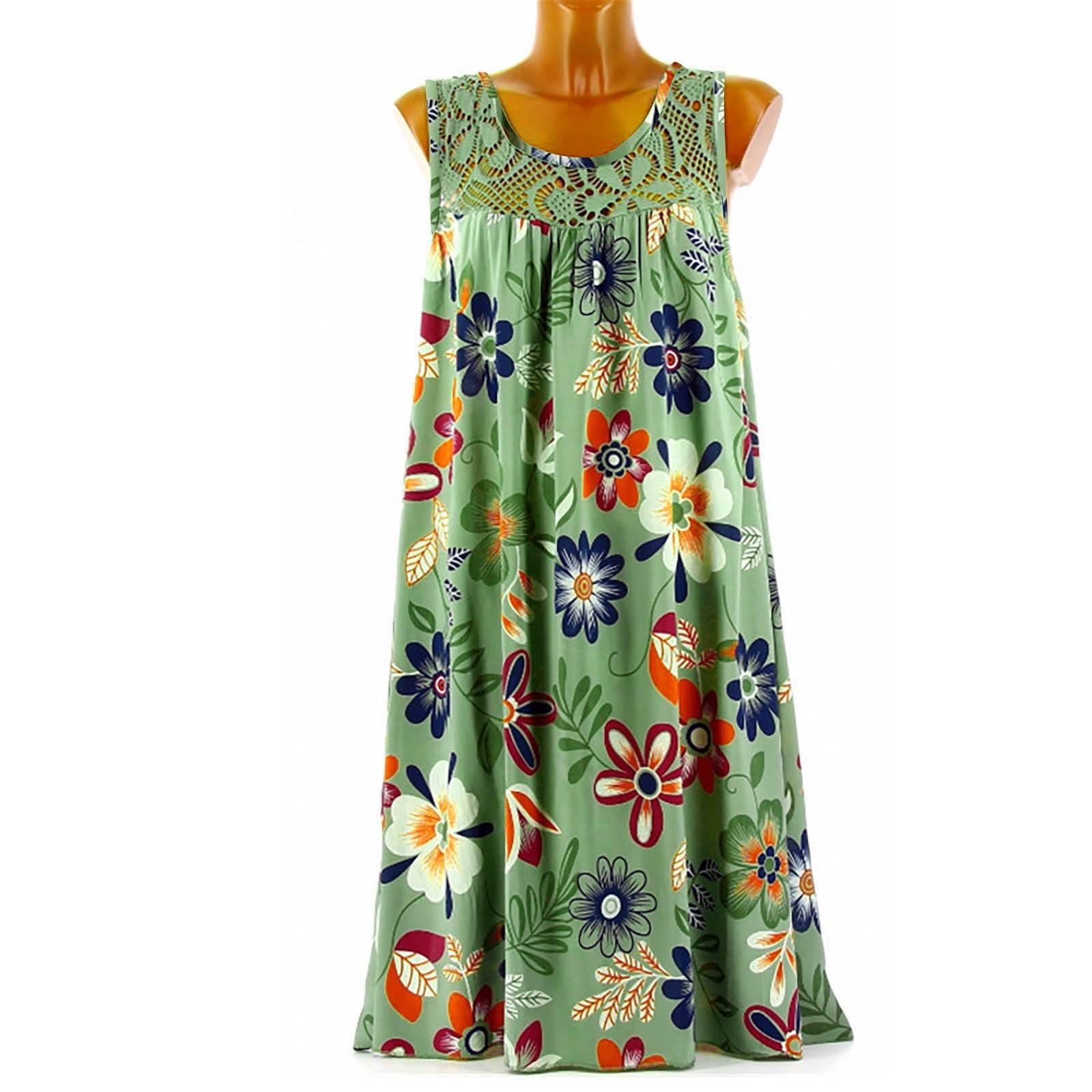 Women s Fashion Casual Vest Sleeveless Lace Print Tank Pleated Swing Dress L