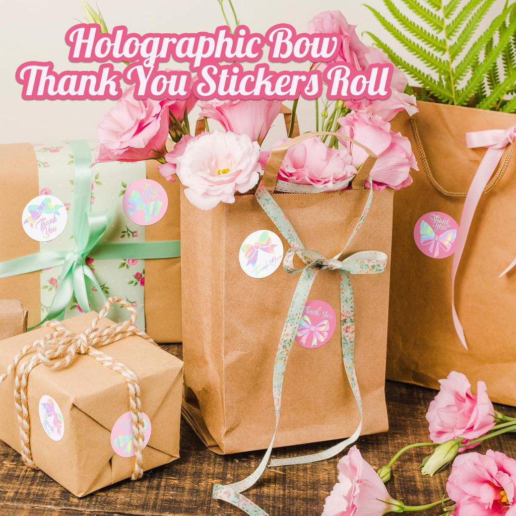 100-500pcs Holographic Pink Bow Tie Stickers Thank You Birthday Wedding Party Gift Wrapping Label Scrapbook Stationery Stickers