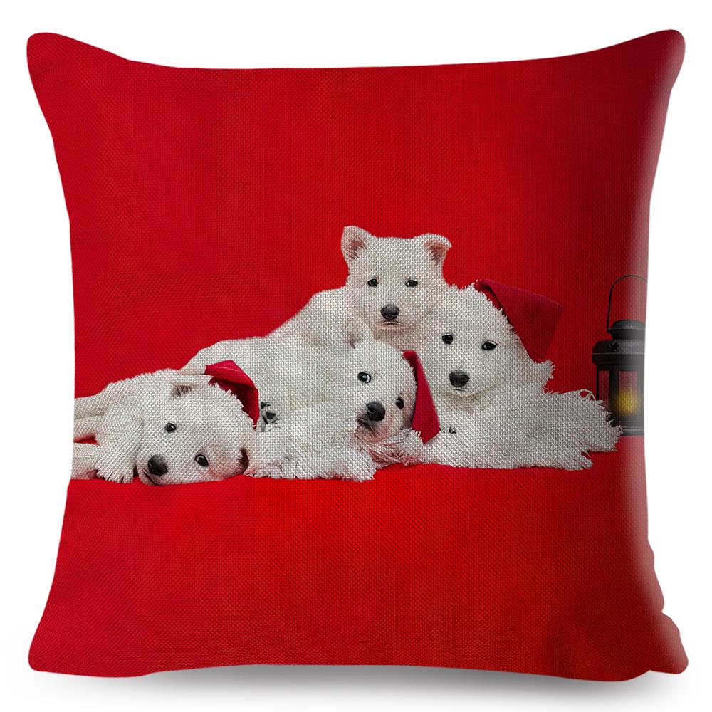 Holiday Puppy Cushion Cover Merry Christmas New Year Design Soft Linen Blend Home Decor Pillow Case