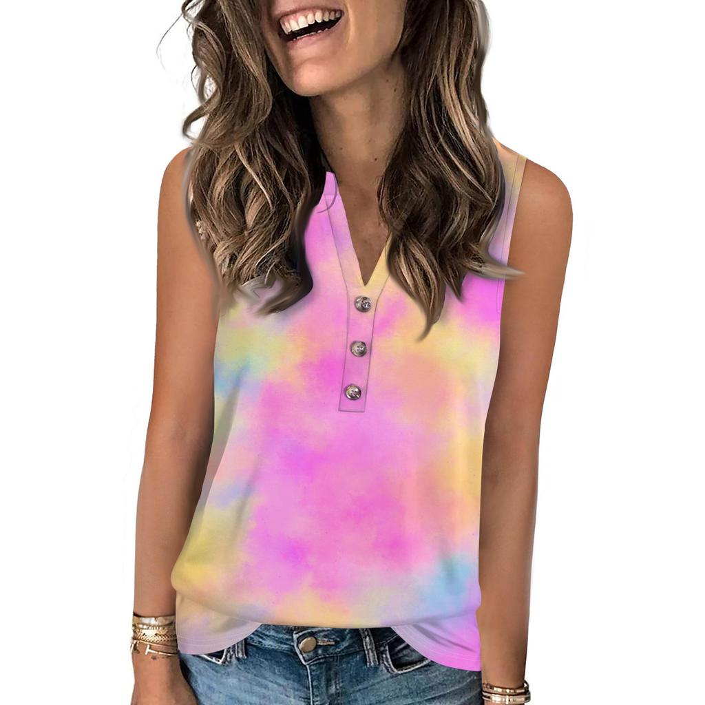 Women's Casual Fashion Summer Gradient Print Vest V-neck Sleeveless Button Top