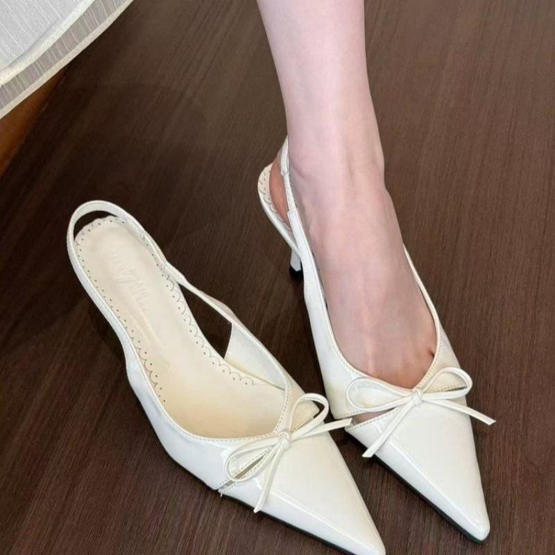 2025 Versatile Womens Sandals with Slim Heel Close Toes Elastic Band Bow Anti Slip Summer Outdoor PU Pink/beige Fashion Sandals