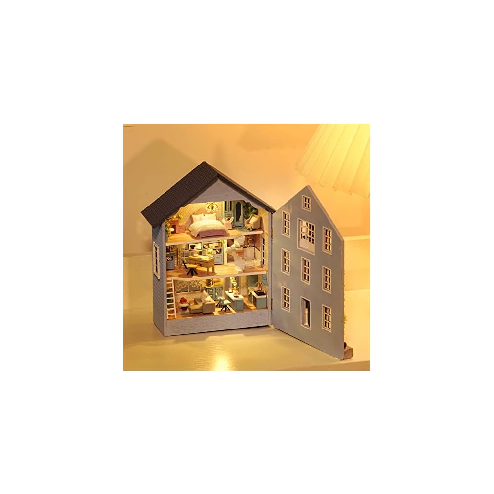 Cuteroom Wooden Dollhouse Kit DIY Miniature House with Furniture for Kids Boys and Girls