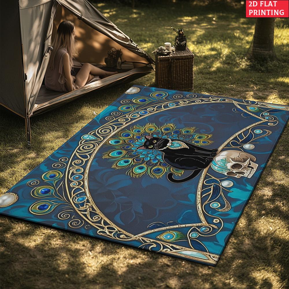 Gothic Black Cat & Peacock Feather Area Rug,Bohemian Skull Print Floor Mat, Vintage Carpet for Living Room Bedroom Home Decor