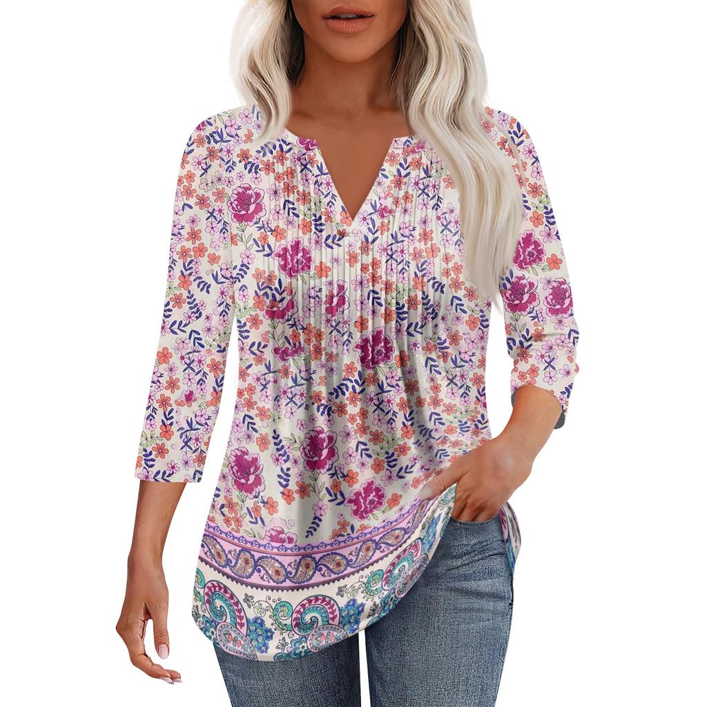 Modisches, lässiges T-Shirt mit plissiertem V-Ausschnitt und einfarbigen Siebenviertelärmeln für Damen