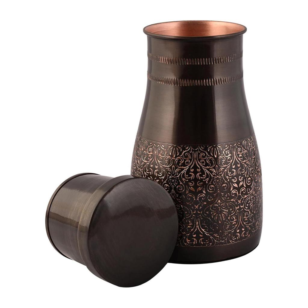 Copper Bedroom Jar with Inbuilt Glass | Rarity Carving Design | Handcrafted, Leakproof, Jointless | Ayurvedic Benefits, Antioxidant Properties |