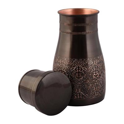 Copper Bedroom Jar with Inbuilt Glass | Rarity Carving Design | Handcrafted, Leakproof, Jointless | Ayurvedic Benefits, Antioxidant Properties |