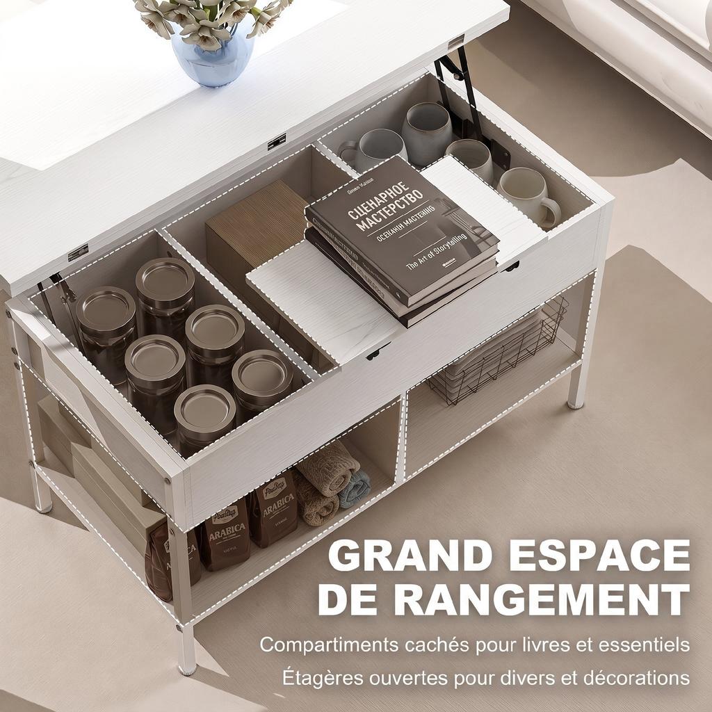 Lift Top And Extendable Coffee Table Living Room Table With Hidden Compartment Open Shelves 98x49x55cm White