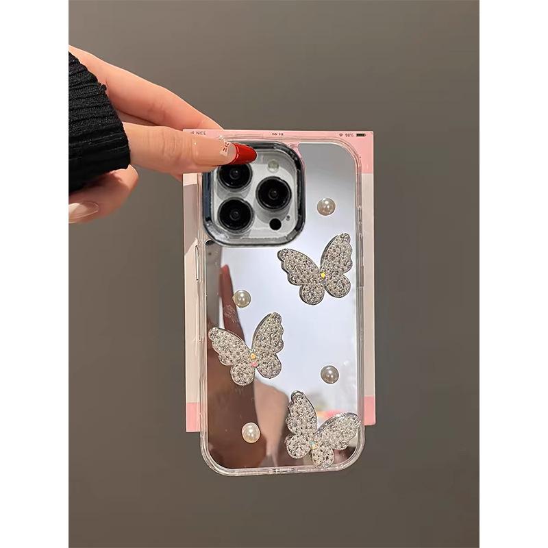 Electroplating Mirror Three-dimensional Pearl Butterfly Phone Case for IPhone 17, Apple 16, Promax Women's 14 Personality