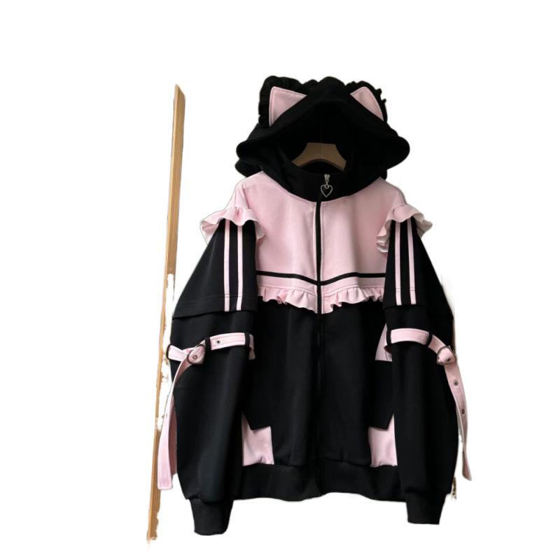 Women Japanese Sweet Coats Y2K Clothing Hoodie Tops Autumn Spring Color Match Splicing with Thick Velvet Cardigan Jackets