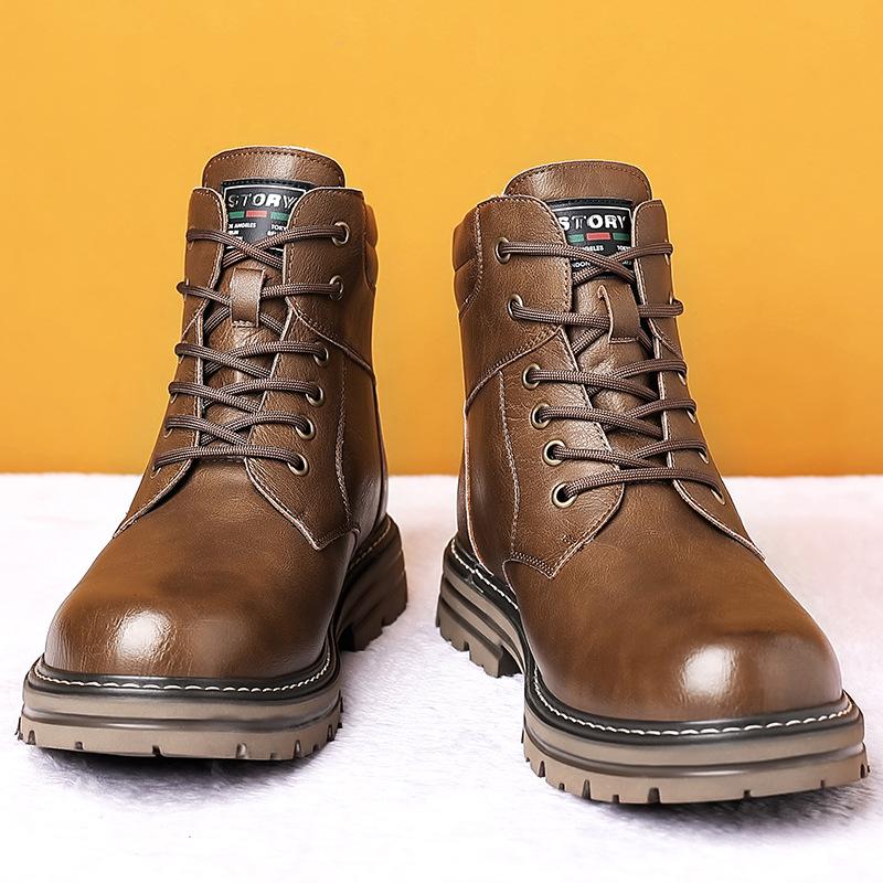 Men's soft elastic leather waterproof winter warm cold padded wool snow boots thick bottom non-slip wear outdoor leisure sports Martin cotton boots