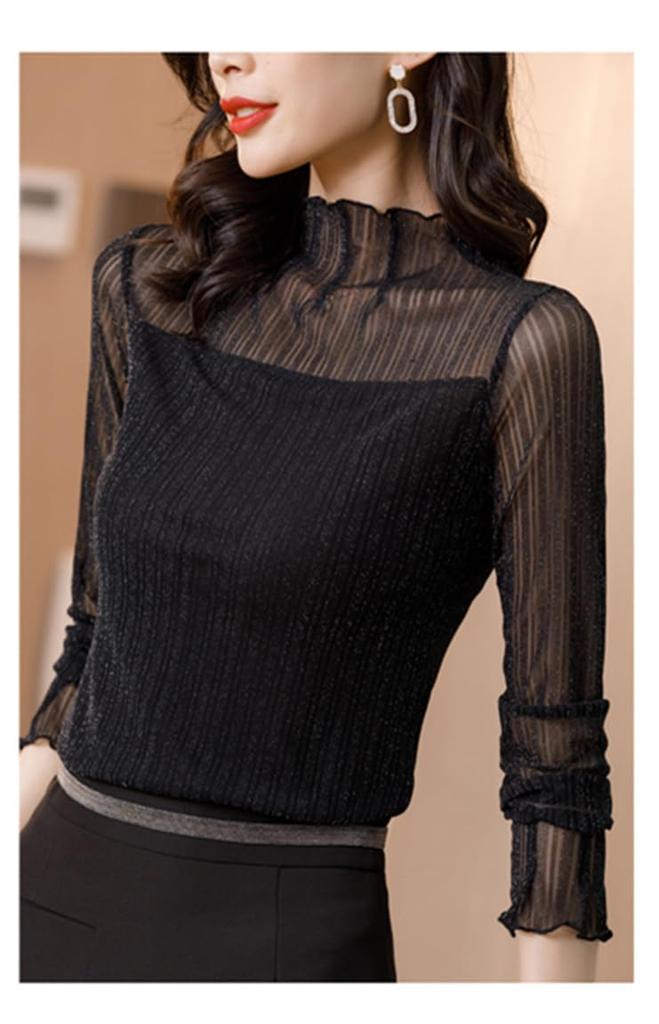 YANGRONG Lace Long Sleeve High Neck Layered Stylish Women's Top, Shirt, Top, Pullover, Sheer, Elegant, Korean, Feminine, Soft, Look, Slimming, Cute,