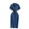 K-style Minimalist Fancy Polo Collar Denim Dress Female Summer Belt Slimming Slit Stylish Temperament Long Dress