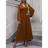Women Lantern Sleeve Smocked High Split V Neck A Line Long Dress