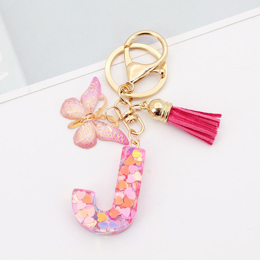 Pink Butterfly Tassel & Resin Sequin Letter Keychain - Backpack Charm for Women