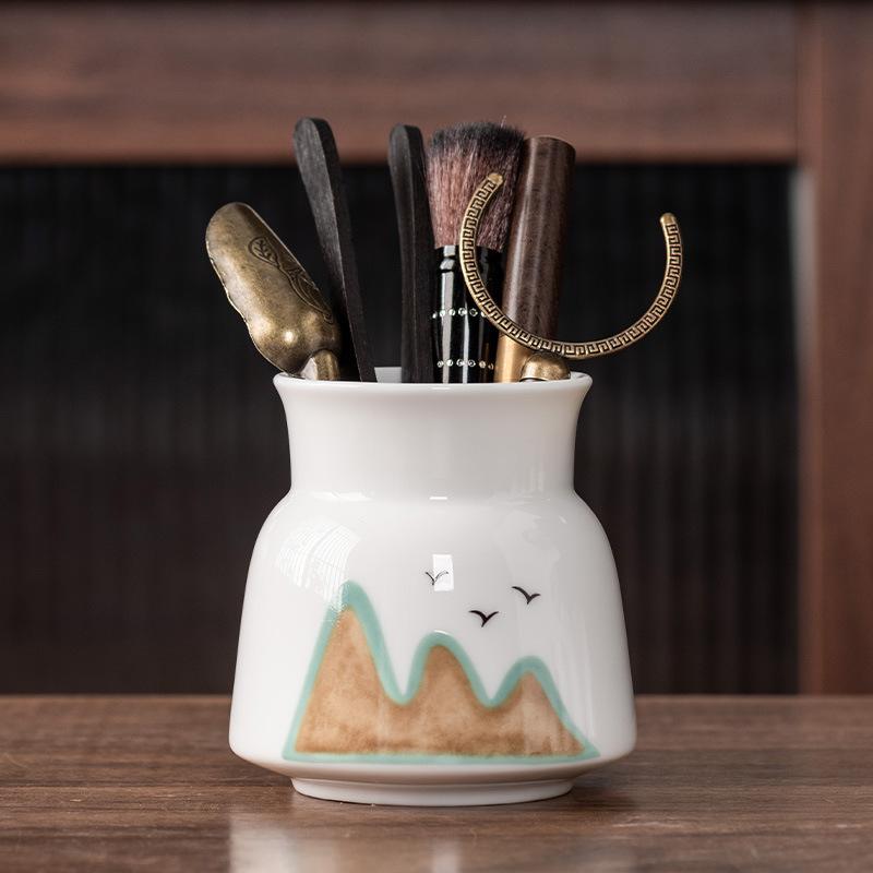 Suet Jade Porcelain Tea Ceremony Six Gentlemen Accessories Tea Needle Teaspoon Tea Clip Pen Holder Tea Brush High-grade Chinese Pen Holder