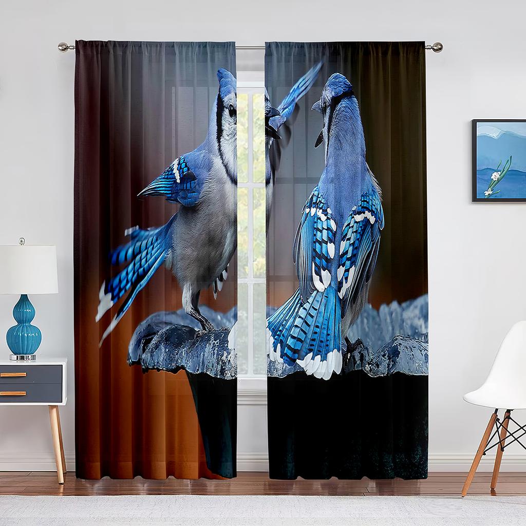 Cute Blue Bird On Tree Branch Tulle In Sheer Curtains for Living Room Bedroom Kitchen Window Treatment Chiffon Curtain Blinds