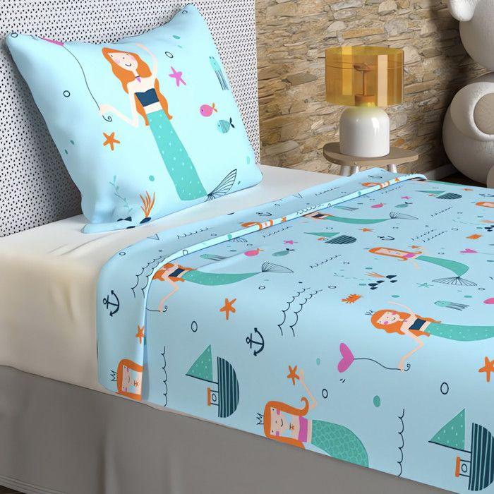 Parure de draps 180x290 cm SIRENES bleu, 100% coton 57 fils/cm2, par Soleil d'Ocre