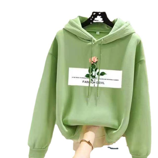 Korean Style Women's Fleece-Lined Hooded Sweatshirt, Plus Size, Loose Fit, Long-Sleeved, for Autumn and Winter.