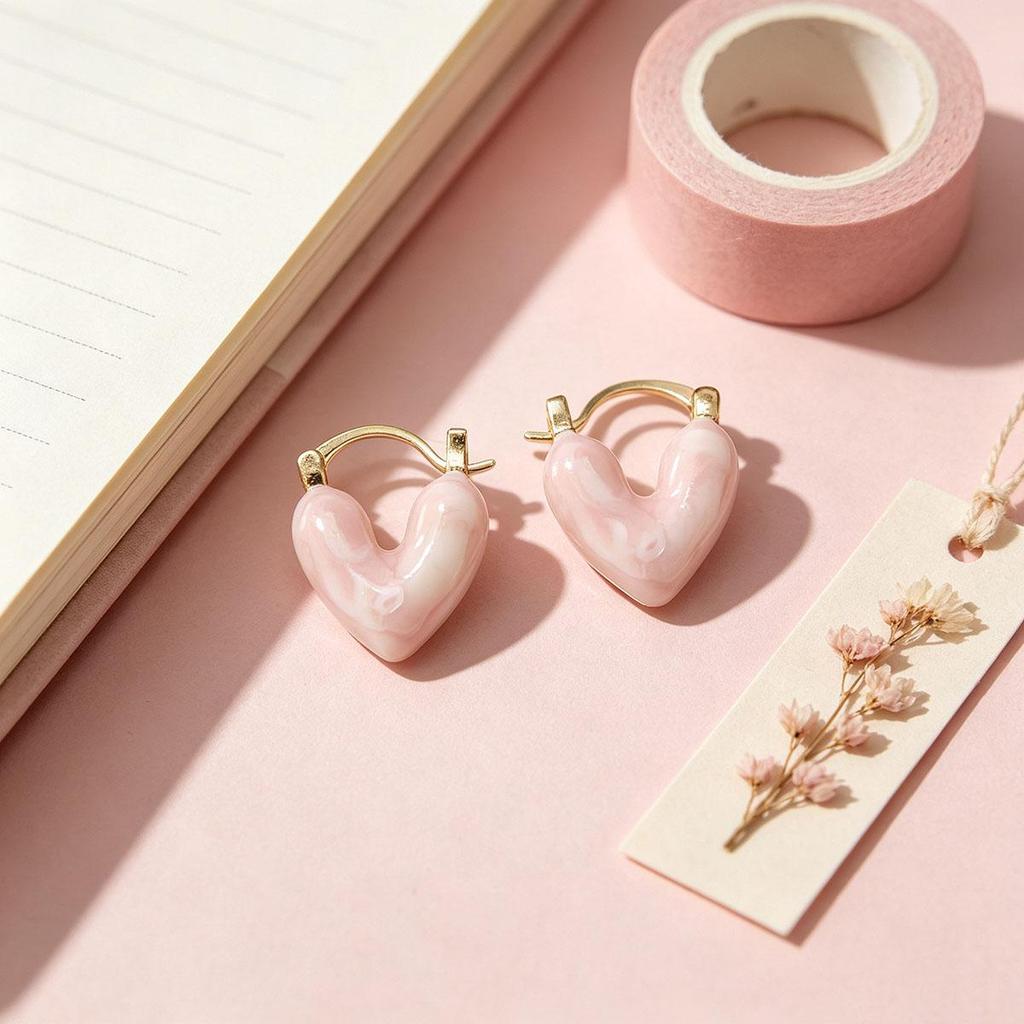 French-style pink heart ear clip for women, niche design earrings, daily fashion, minimalist, cool style