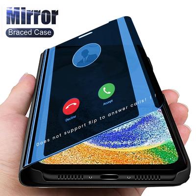 Skórzane etui z lustrzaną klapką do Samsung Galaxy S23 S22 S21 Ultra Plus A04s A14 A54 A23 A33 A53 A73 A13 A22 A52S M23 M13 4G 5G Przezroczysty stojak na książki