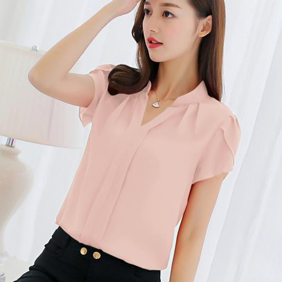 Office Lady Formal Summer Solid Color Chiffon Blouse V Neck Short Sleeve Shirt