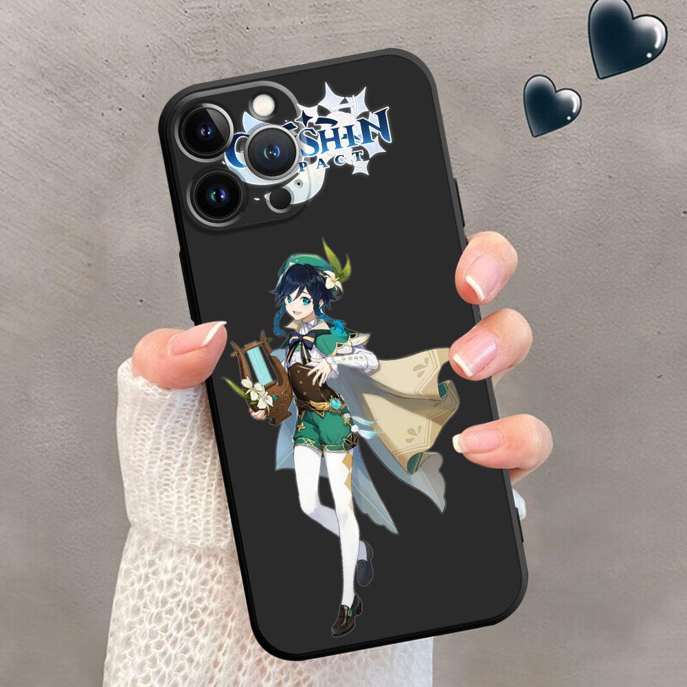 TPU Soft Phone Case for iPhone 12 13 Mini 14 Plus XR XS X 7 8 6S SE 11 Pro Max 13Mini XS Max 6 Luxury Black Genshin Impact