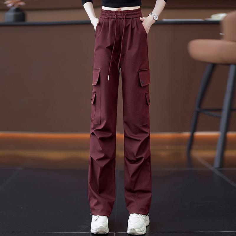 

Женские брюки карго цвета хаки с широкими штанинами и высокой талией для весны и осени 2025 года - Повседневные, свободного кроя для пеших прогулок и спорта. 3XL [135-145]