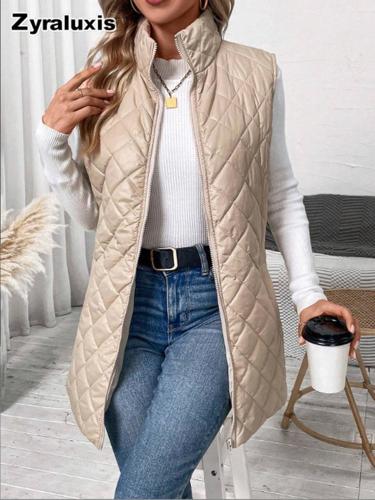 Neues einfarbiges, lang geschnittenes, gestepptes Baumwoll-Westen-Streetwear für Damen