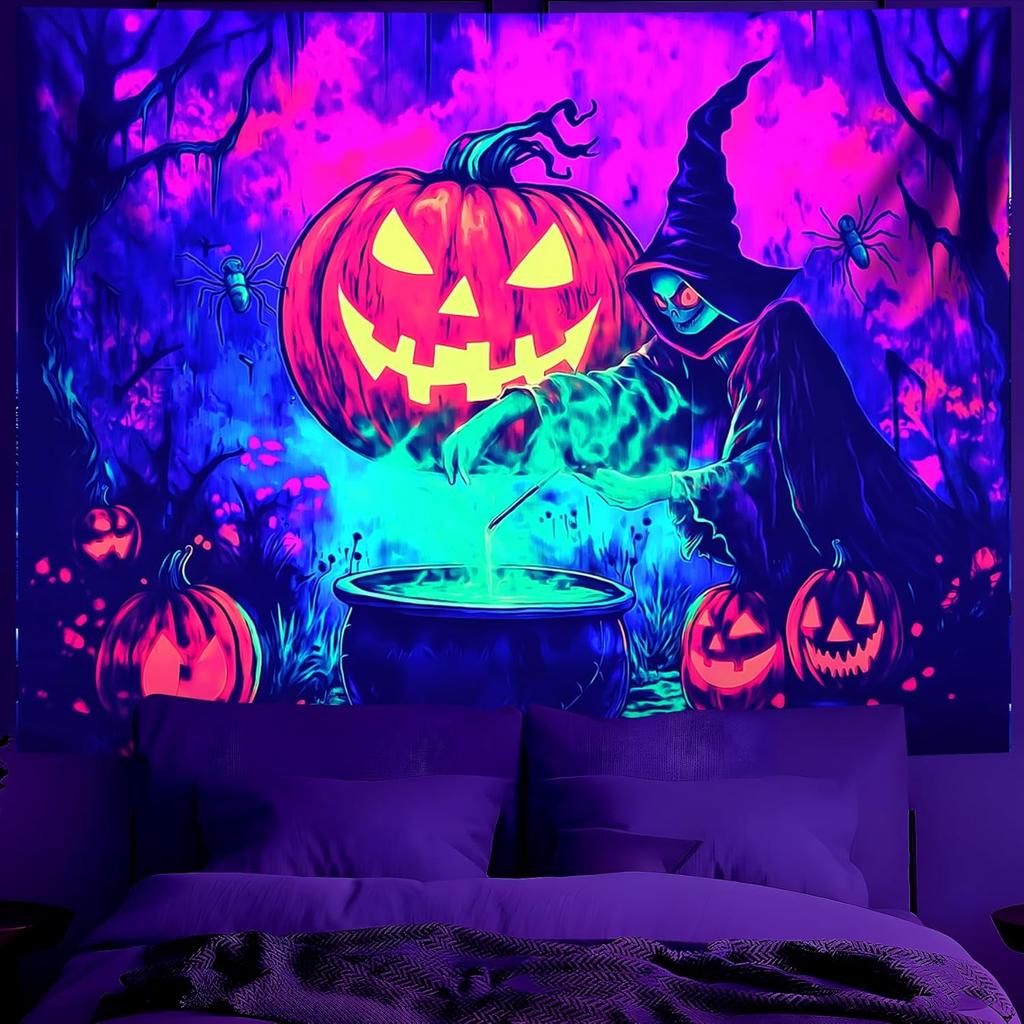 BVBOX Blacklight Halloween TapestryUV Reactive Glow In The Dark Black Light Trippy Tapestry Posters for Living Room, B
