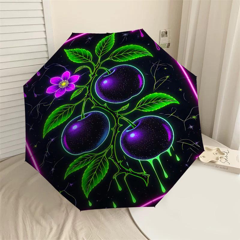 

1pc Neon Glowing Plums Automatic Open/Close Umbrella Compact Folding Umbrella with 8-Rib Shaft for Women/Men, Elegant Birthday1297S
