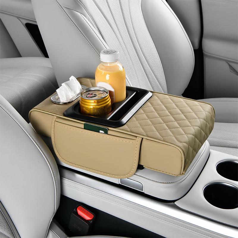 Portable Center Console Armrest Cushion Leather With Cup Holder Tissue Box Car Armrest Pillow Multifunctional Parts & Accessorie