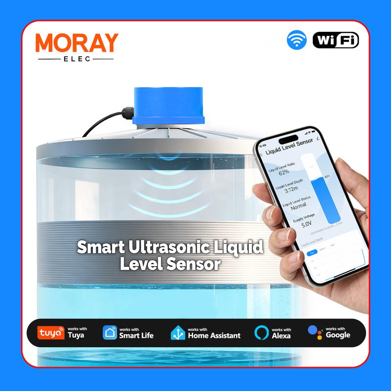 Moray ME201W Wireless Tuya Smartlife APP WiFi Ultrasonic Level Indicator Sensor Liquid Level Sensors Water Level Monitor ME201W Blue