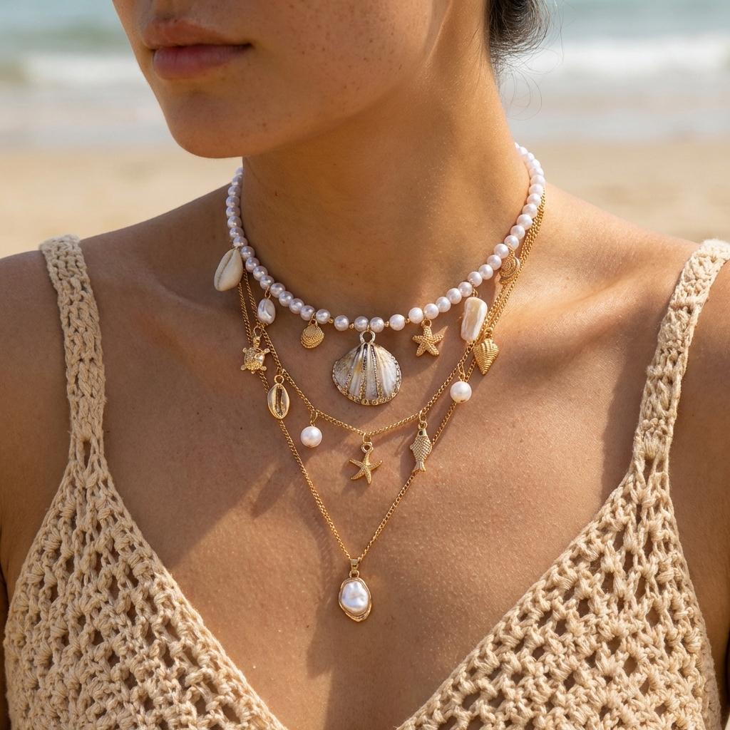 Boho Shell Starfish Conch Simulated Pearl Necklace Set 3Pcs Summer Beach Choker For Women Vacation Jewelry