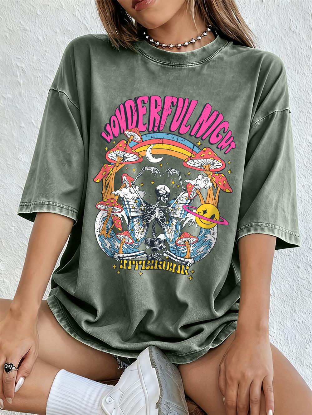 

Wonderful Night Skeleton Print Washed TShirts Women Cotton Oversize T Shirt Summer Soft Short Sleeve Tops Casual ONeck Clothes S