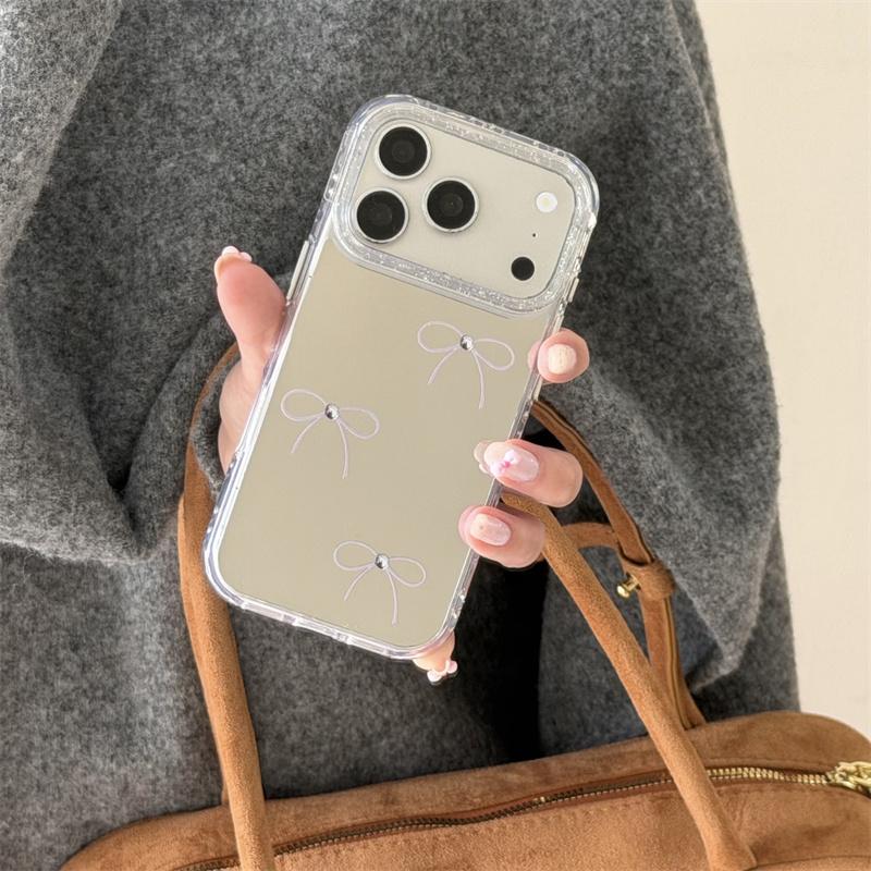 Minimalist Bow Mirror Phone Case For iPhone 17 Pro 16 15 14 Pro Max with Glitter Shockproof 17pro  Protective  Cover Cases