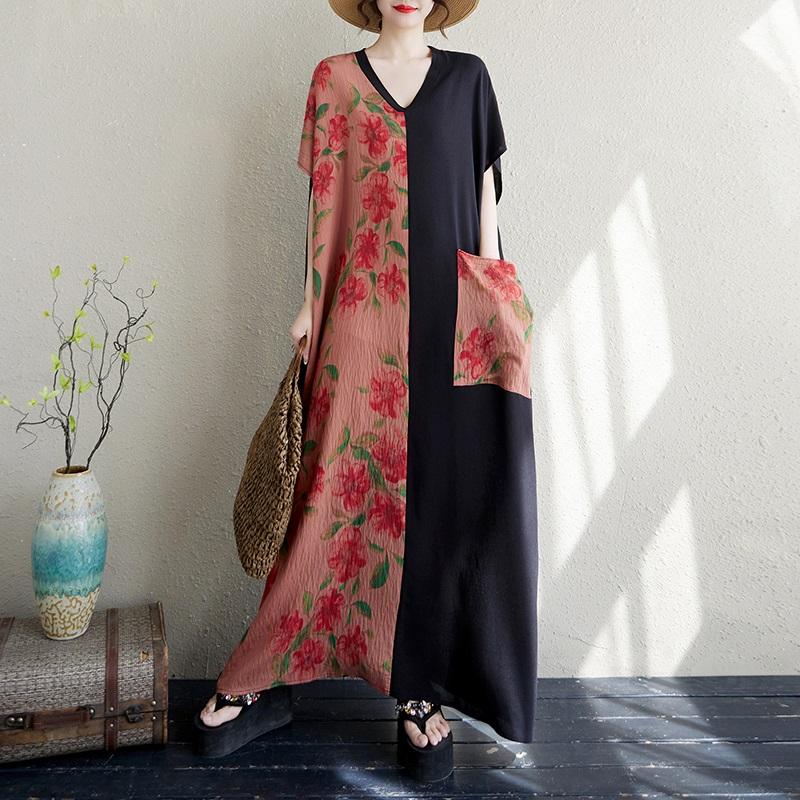 Short Sleeve Plus Size Cotton Vintage Floral New In Dresses for Women Casual Loose Maxi Long Summer Dress