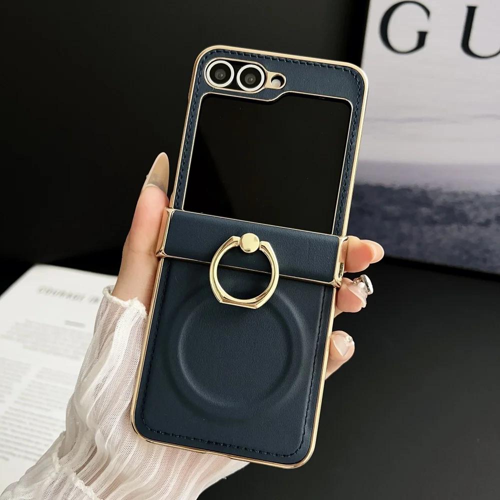 Custodia Magnetica con Supporto ad Anello in Pelle di Lusso per Galaxy Z Flip7 Flip 7 6 5 4 3 Copertura Protettiva per Cerniera con Supporto per Samsung Zflip7FE