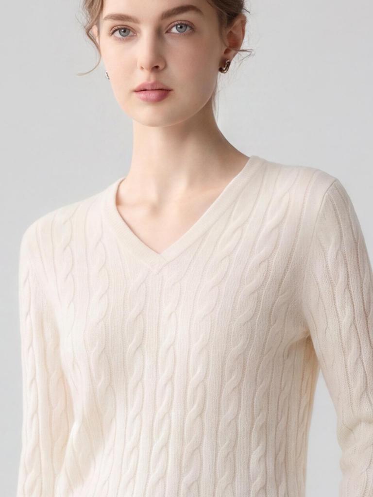 Damen Schlank geschnittener V-Ausschnitt Kaschmirpullover - Herbst/Winter Zopfmuster Langarm Einfarbige Basis Schicht