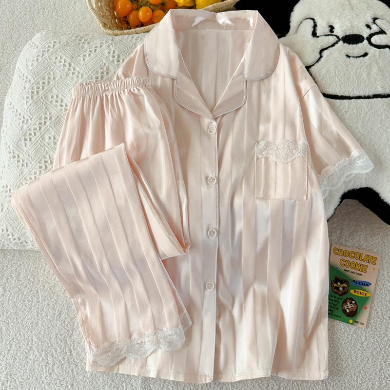 Solid Color Wind Ice Silk Striped Temperament Lace Edge Pajamas Women'S Summer Short-Sleeved Suit Loungewear