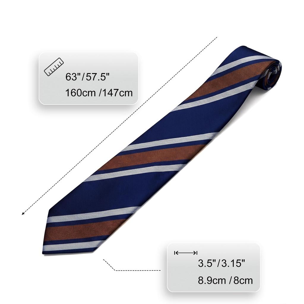 [S&W SHLAX&WING] Striped Tie for Men, Navy Blue, White, Brown Stripe, Business, Extra Long (160cm)