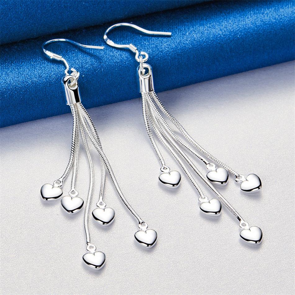 Charming 925 Sterling Silver Exquisite Heart-Shaped Tassel Earrings for Women's Fashion Wedding Jewelry Accessories