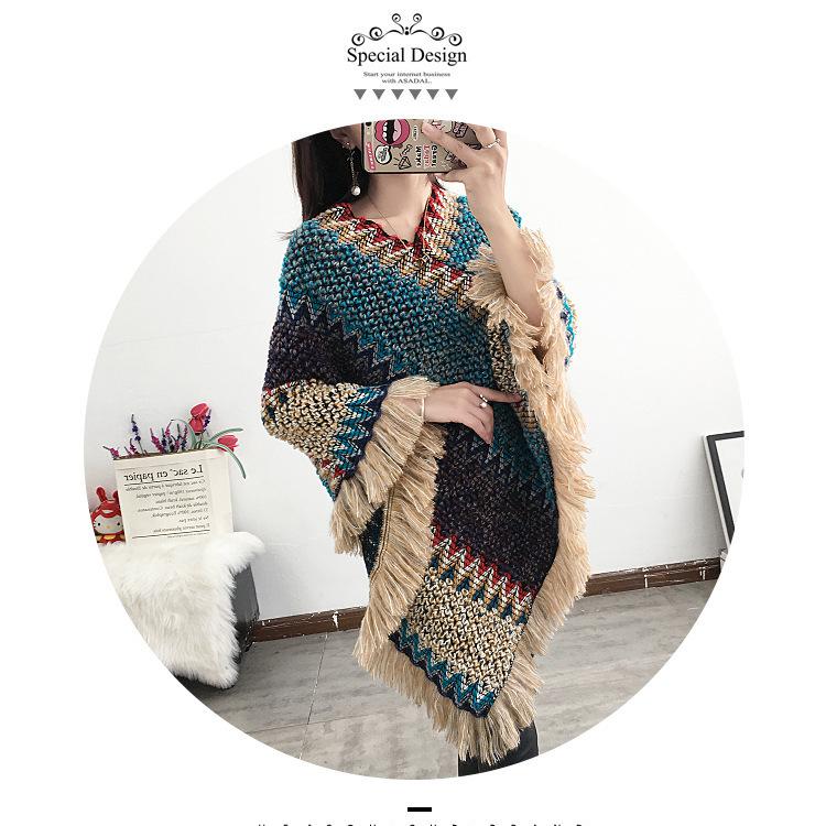 Dámský pulovr s cikcakovým úpletem a třásněmi, šál, podzimní hippie měkký háčkovaný šál, asymetrická šála