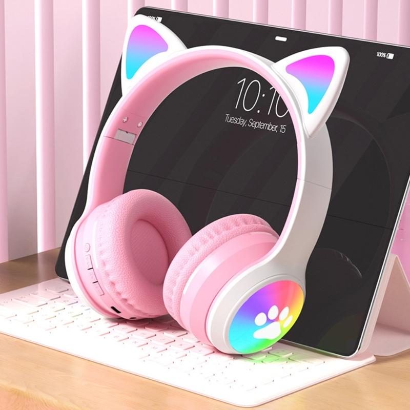 Active Noise Cancelling Wireless Bluetooth-compatible Cats  Ear Headphones Led Foldable Earphones TF Card Support