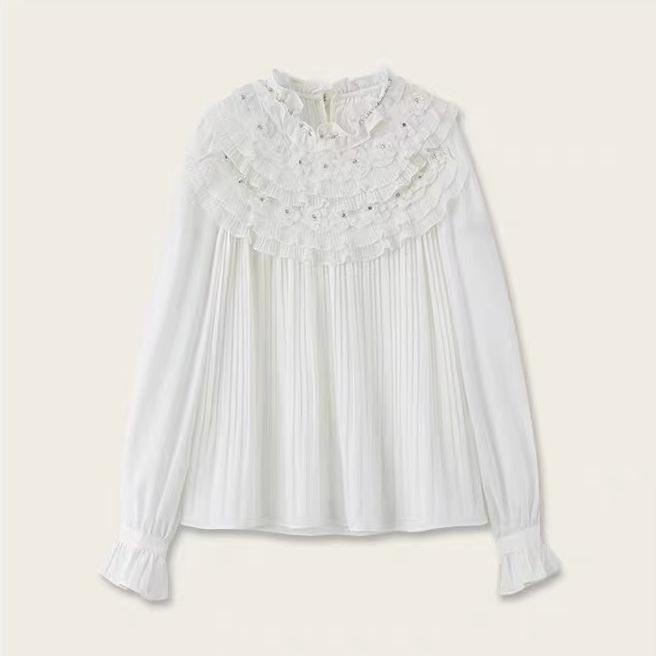 2025 Spring/Autumn Hand-Embroidered 3D Flower Shirt with Seed Beads, Pearls, and Multi-Layered Ruffles. Medium