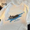 Couple Casual Tee Shirt Cartoon Black Cat Print T-shirt Round Neck Loose Summer Top for Men Women Home Gym Street Wear