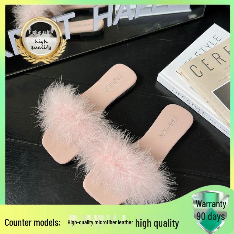 Women's 2026 Summer Fairy Style Furry Slippers - Girly Korean One-Strap Slides, Versatile with Skirts