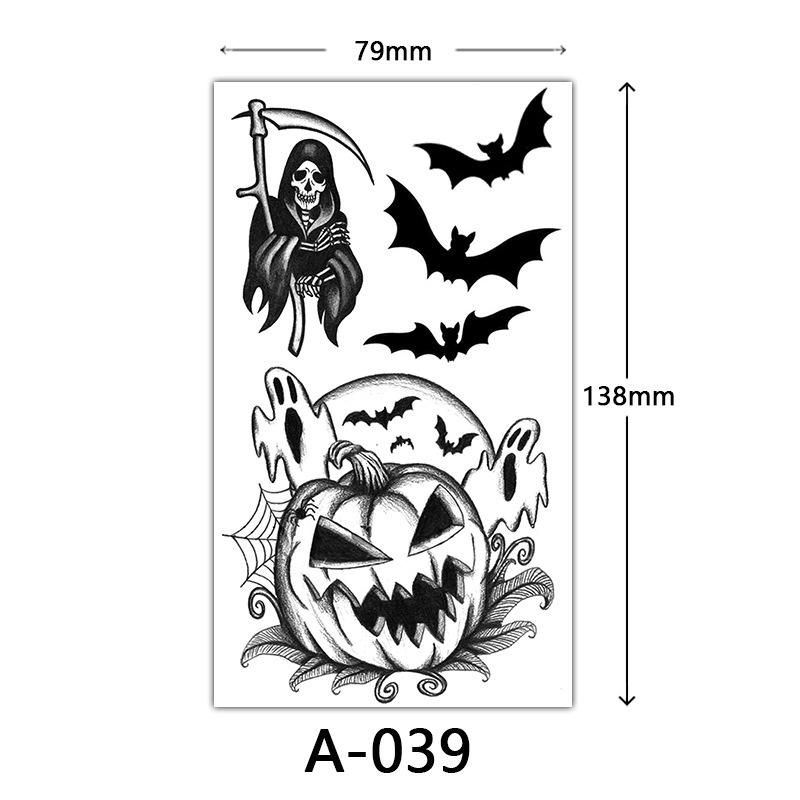 Halloween Tattoo Sticker, Skull Reaper Sickle, Black Bat Tombstone Pumpkin Tattoo