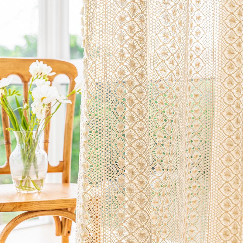 Rustic Crochet Curtains for Living Room Farmhouse Knitted Cotton Curtain Panels for Home Decor Boho Hollow Lace Curtains 1 Panel